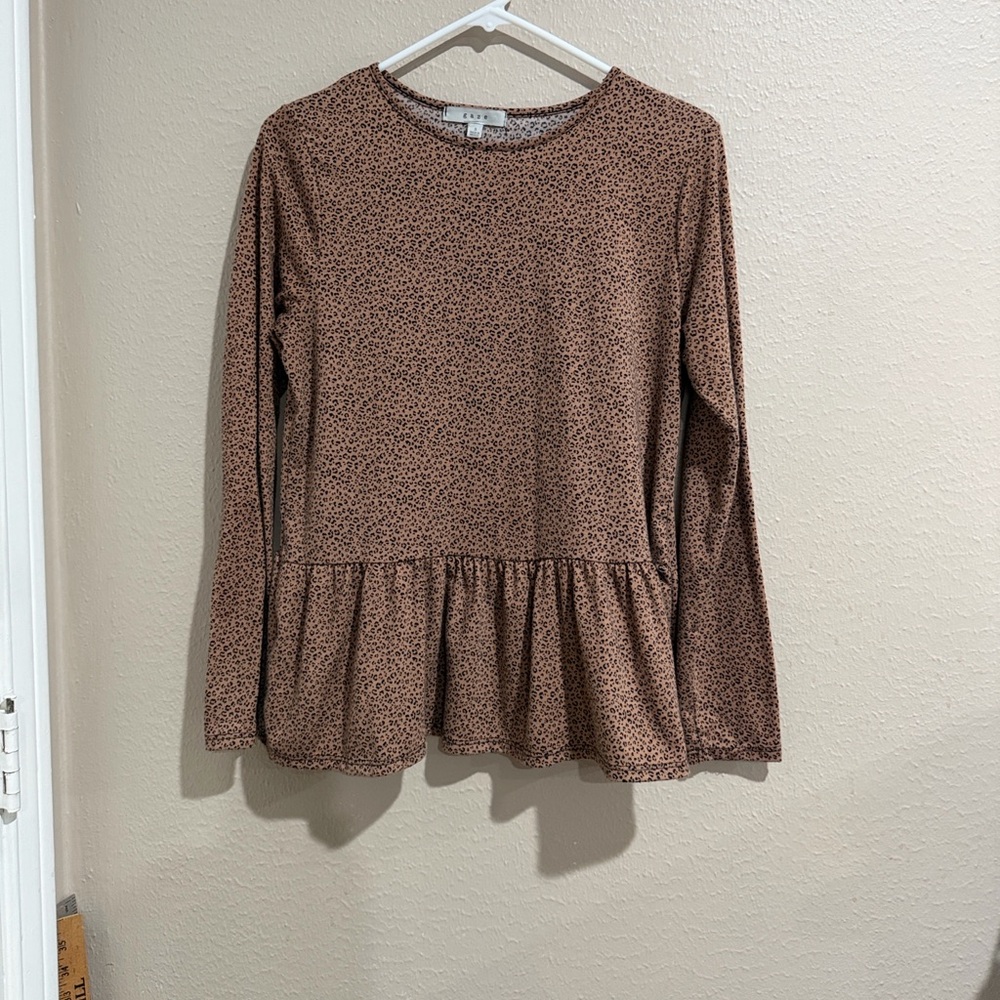Gaze Brown Patterned Long Sleeve Peplum Top